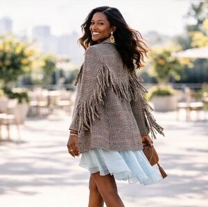 Rails Jagger Houndstooth Plaid Button Front Blazer, Pockets, Fringe Detail sz M